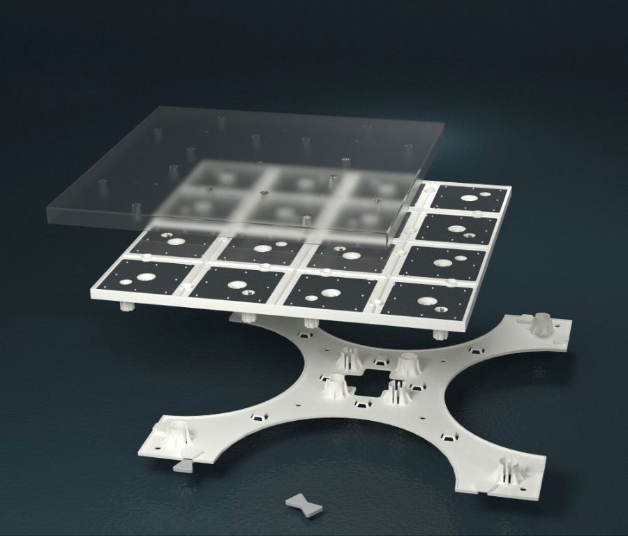 The W3016-16-RGB module system. Cover, Module, Mounting Spider and Joiner Biscuit.